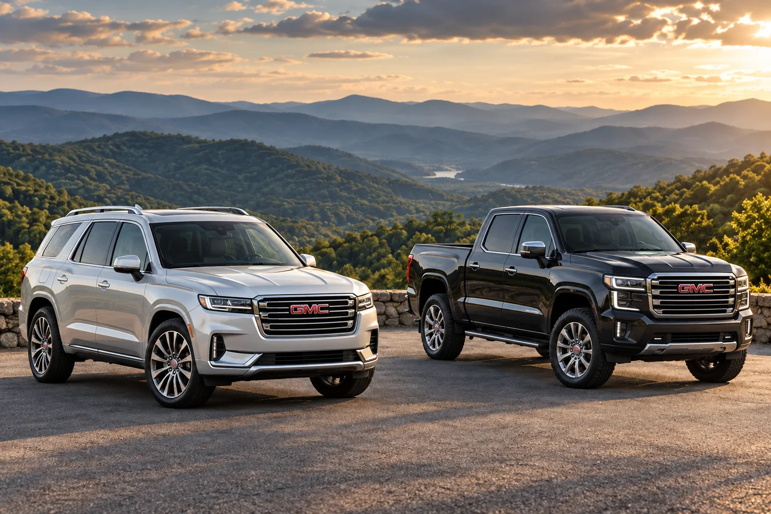 Silver premium SUV and graphite crew-cab pickup overlooking green North Georgia mountains