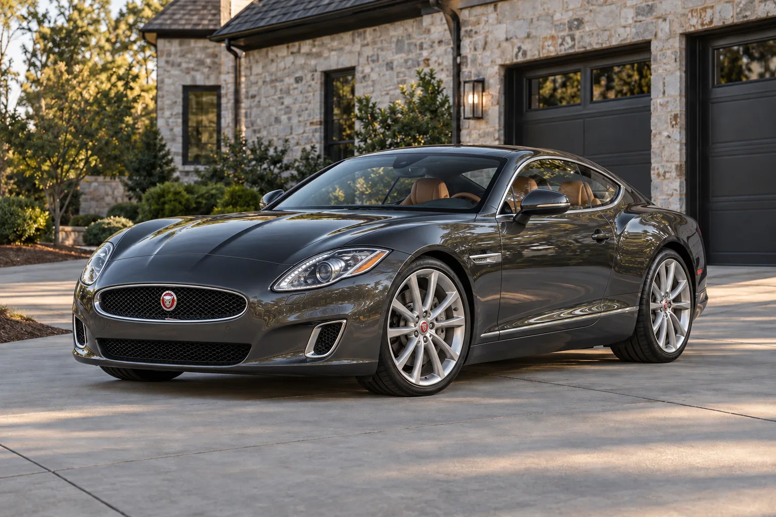 Graphite two-door grand touring coupe in a refined suburban driveway