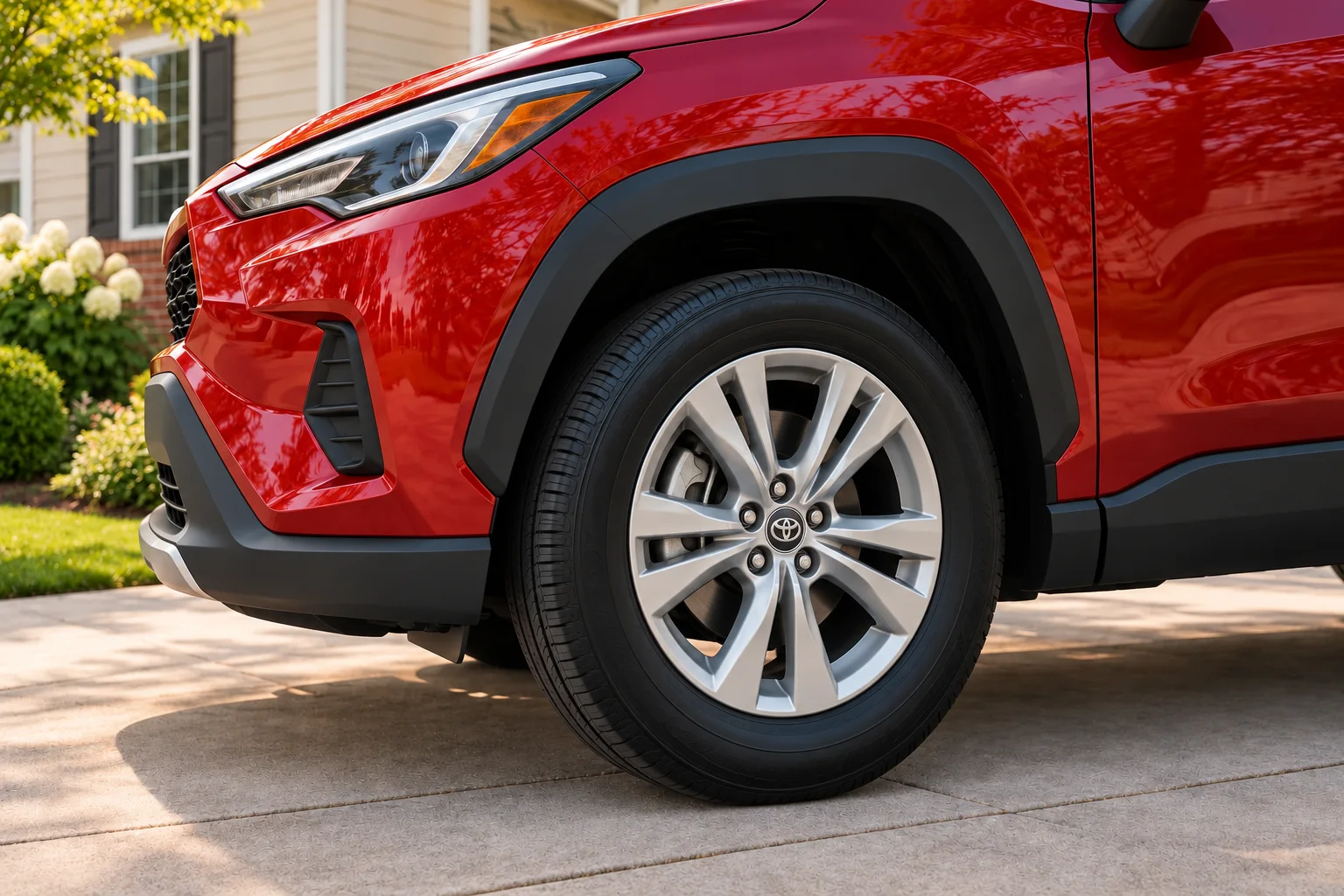 Close-up of the crossover’s wheel and ruby-red paint