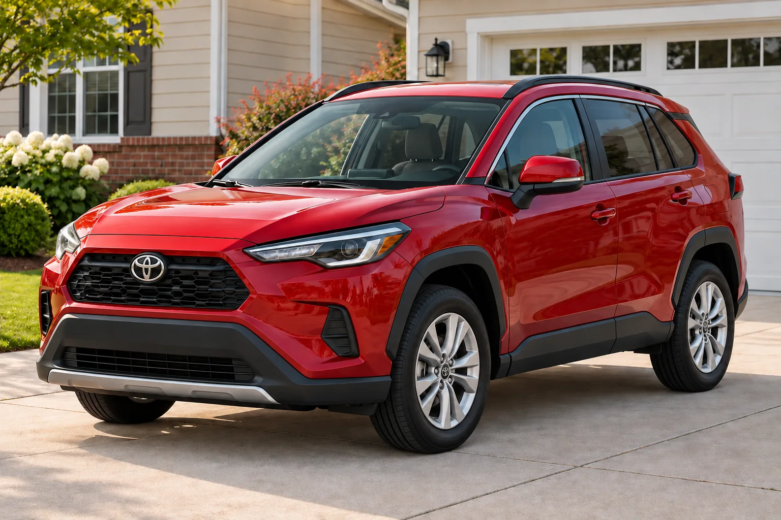 Ruby-red compact family crossover in a suburban driveway