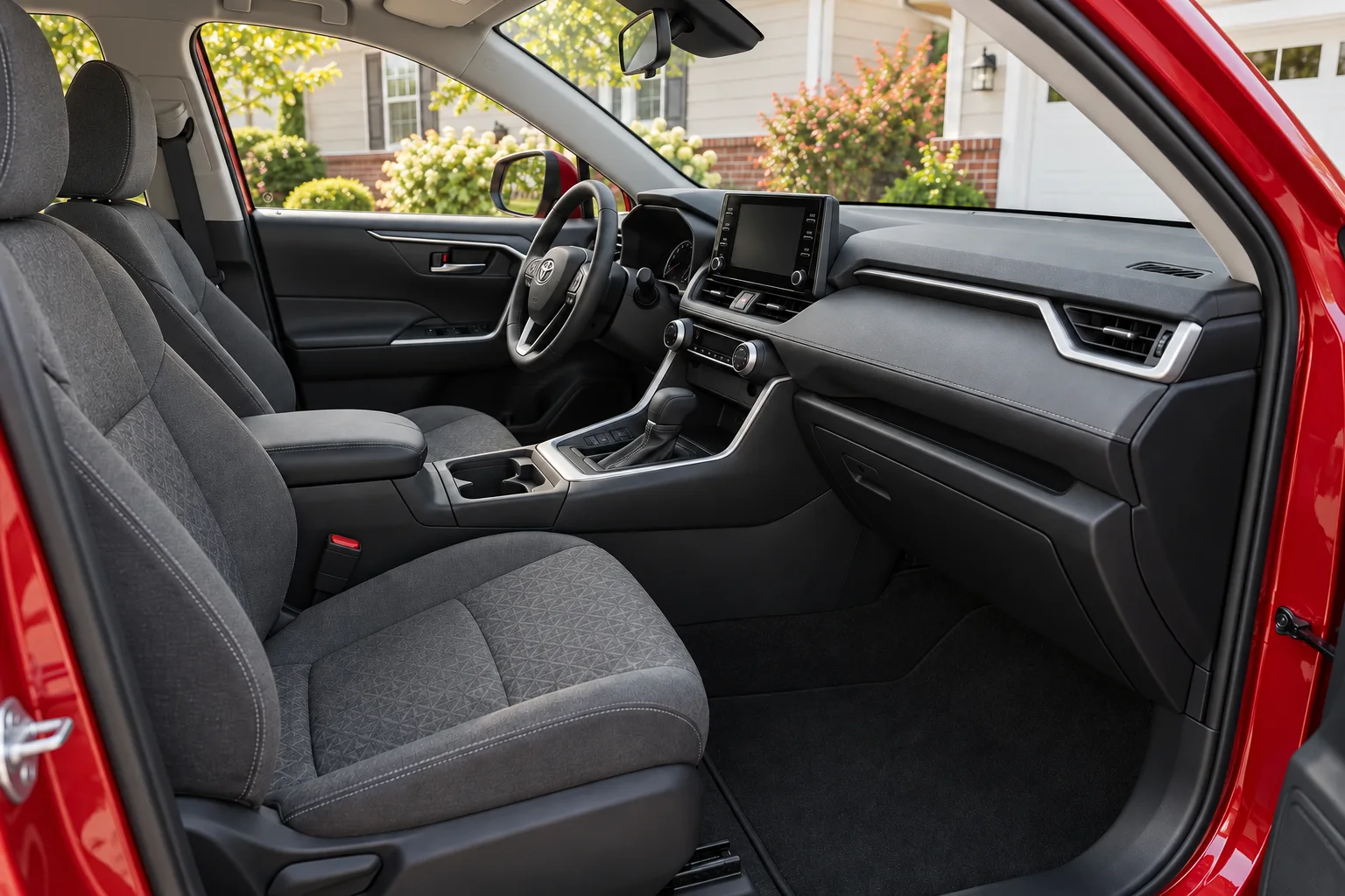 Dark gray cloth front interior of the ruby-red crossover