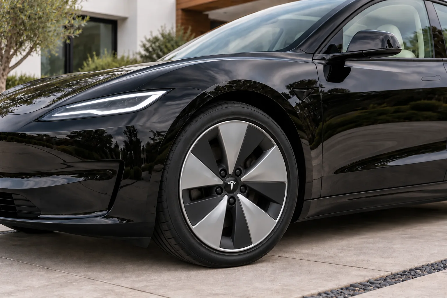 Close-up of an aero wheel and jet-black fastback paint