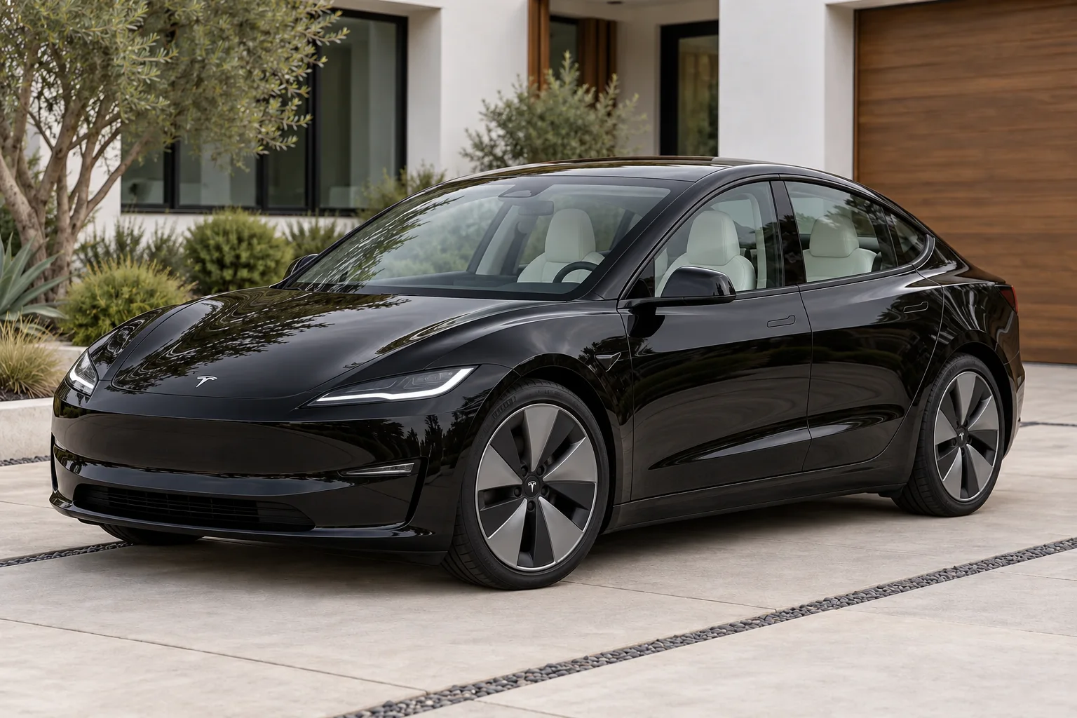 Jet-black premium fastback sedan at a contemporary suburban home
