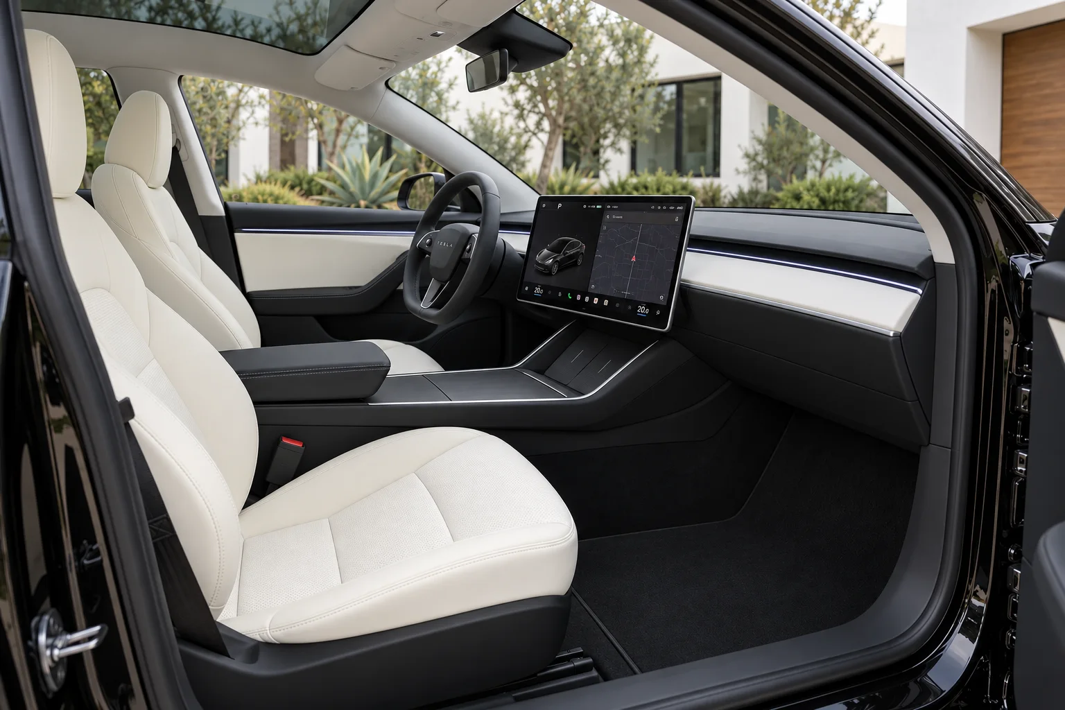 Warm ivory front seats and minimal dark dashboard of the black fastback