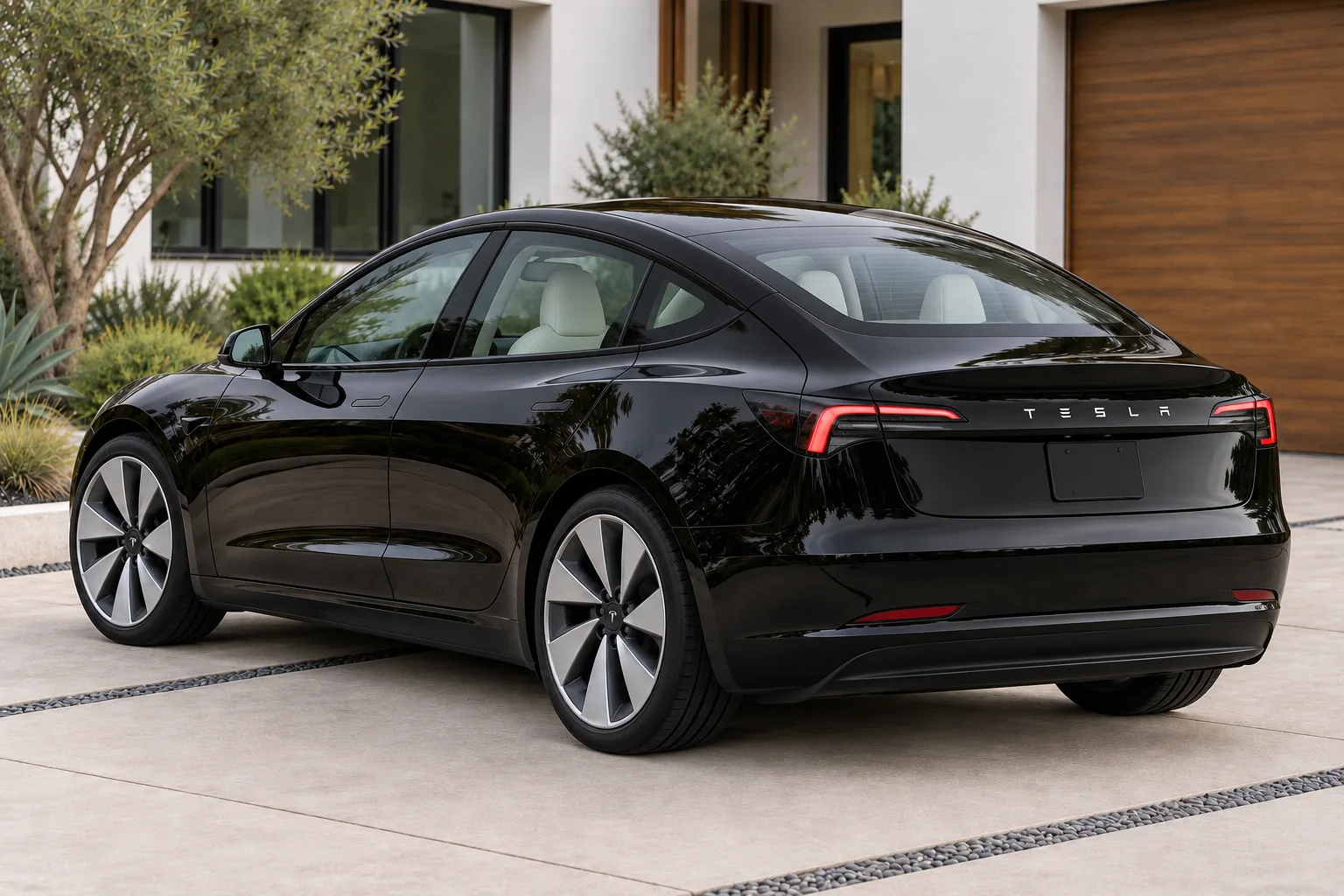 Rear exterior of the same jet-black premium fastback
