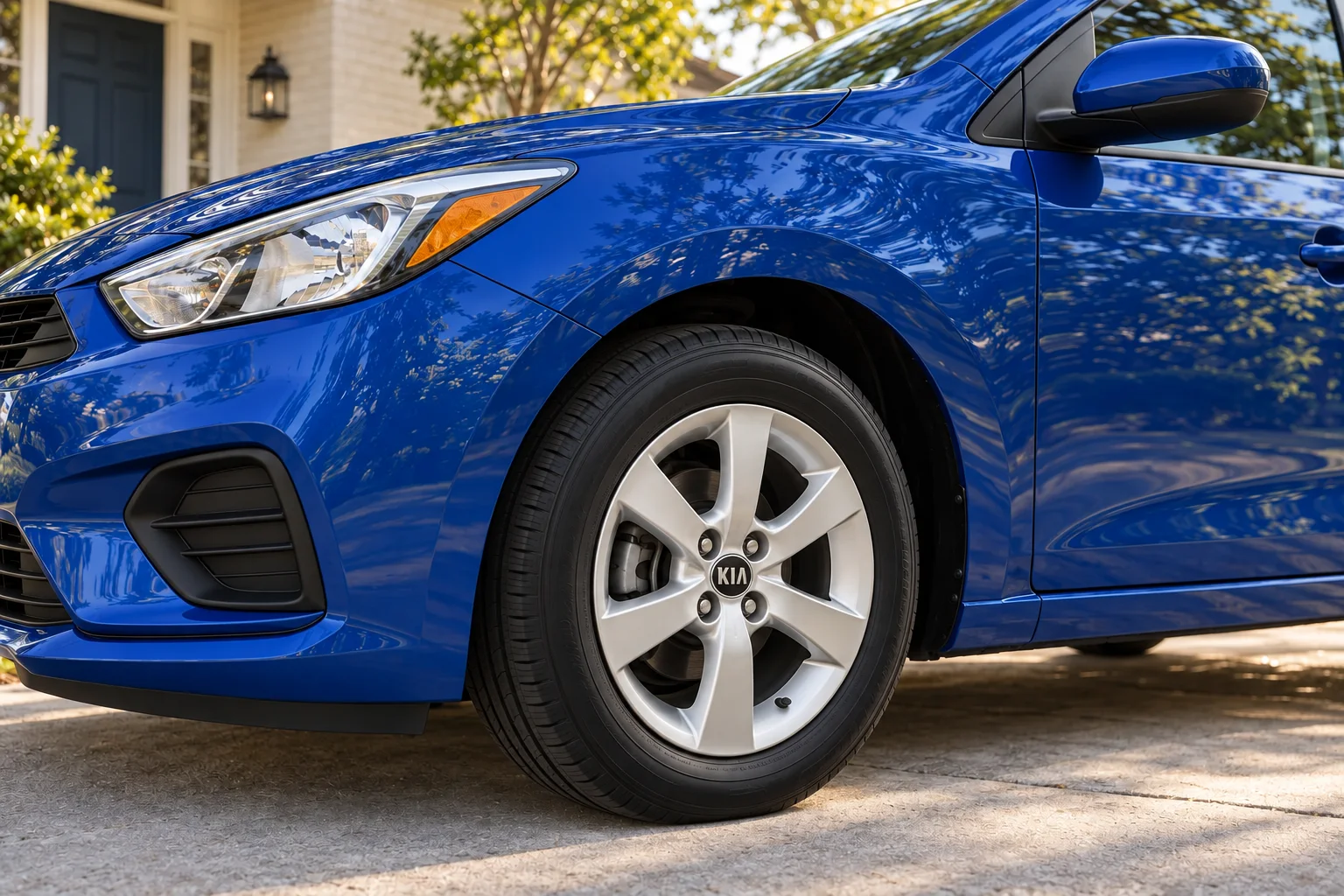 Close-up of the hatchback’s silver wheel and cobalt-blue bodywork