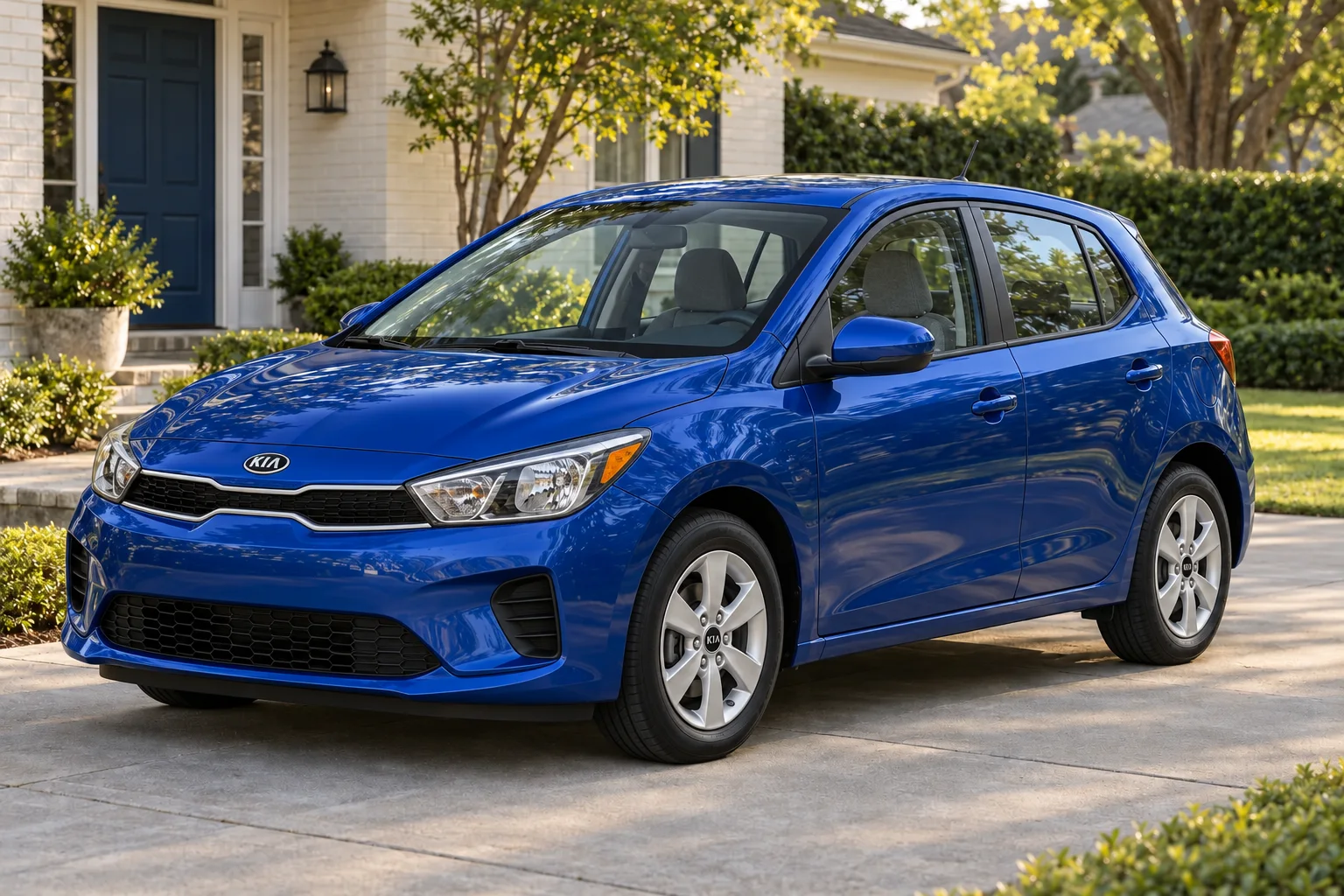 Cobalt-blue five-door compact hatchback on a suburban driveway