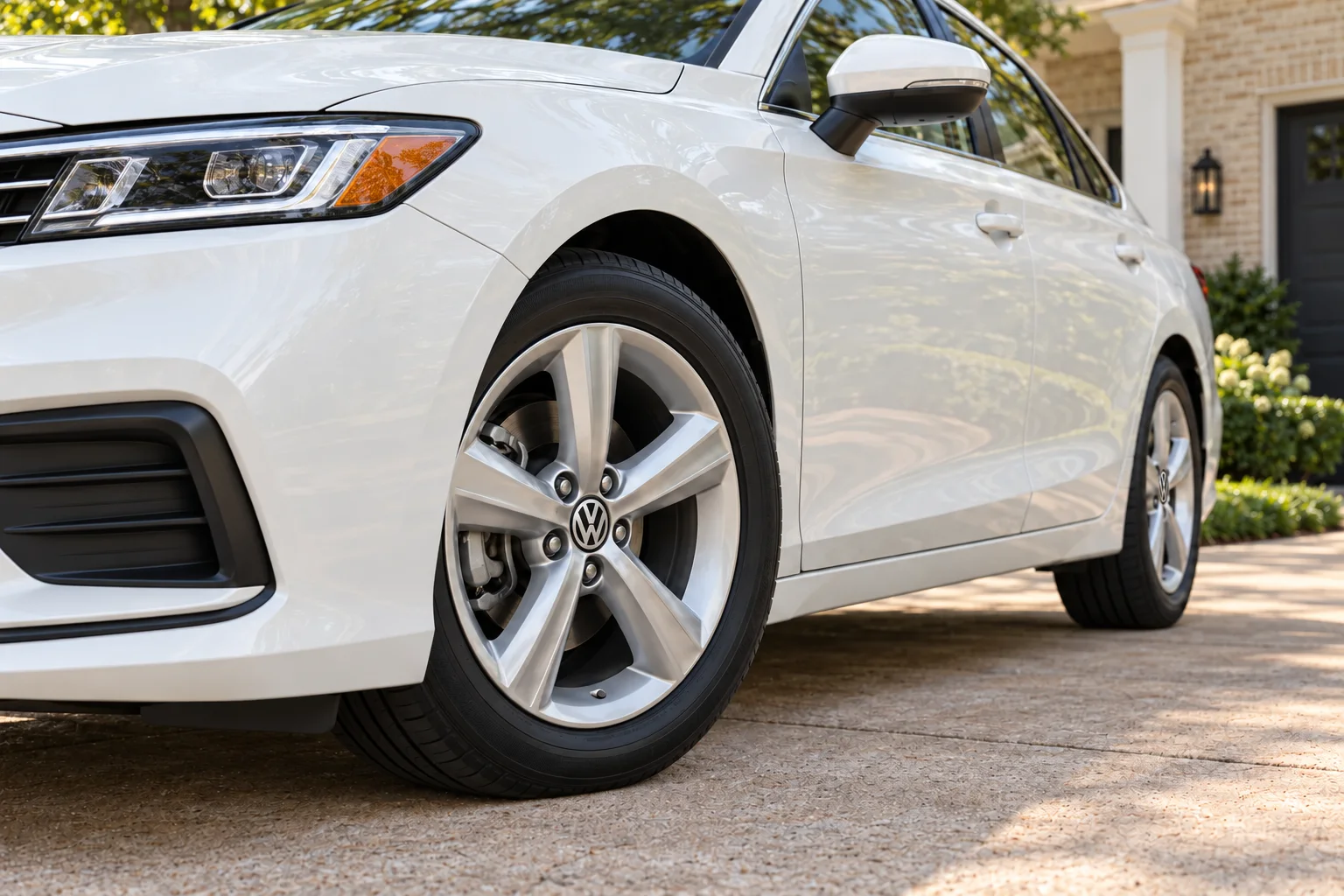 Close-up of a silver wheel and pearl-white sedan finish