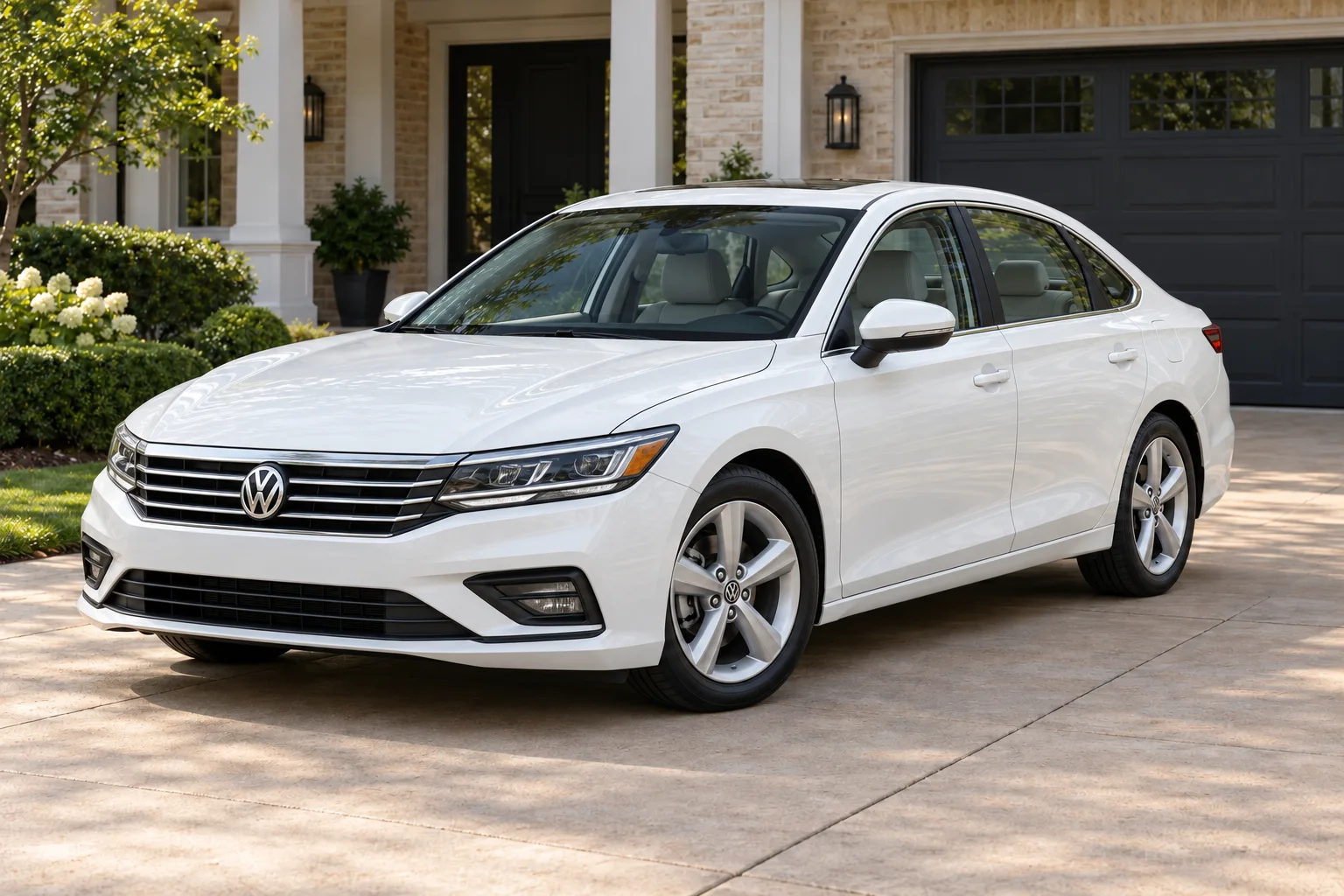 Pearl-white modern midsize sedan outside a suburban home