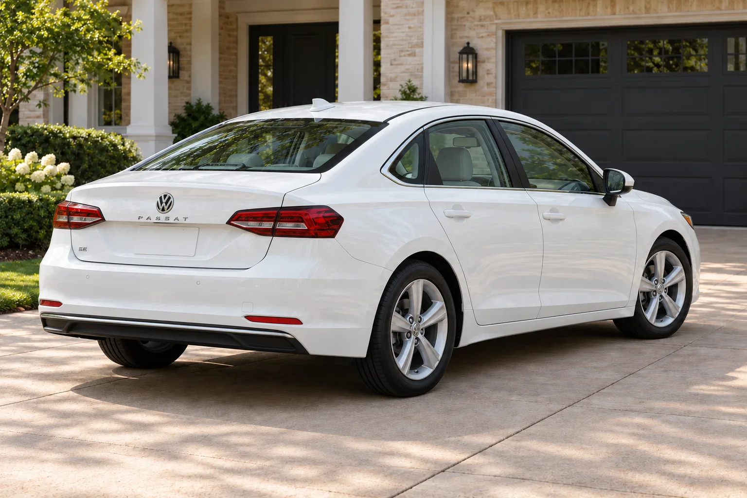 Rear exterior of the same pearl-white midsize sedan