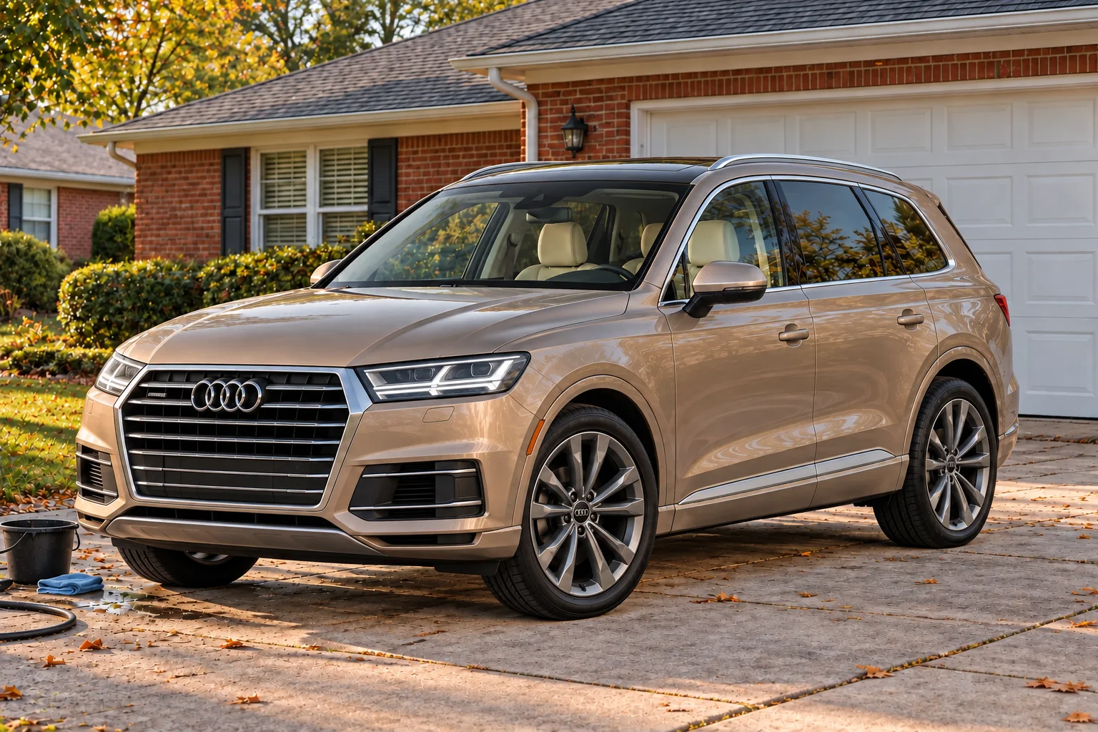 Champagne-bronze luxury SUV at a red-brick ranch driveway