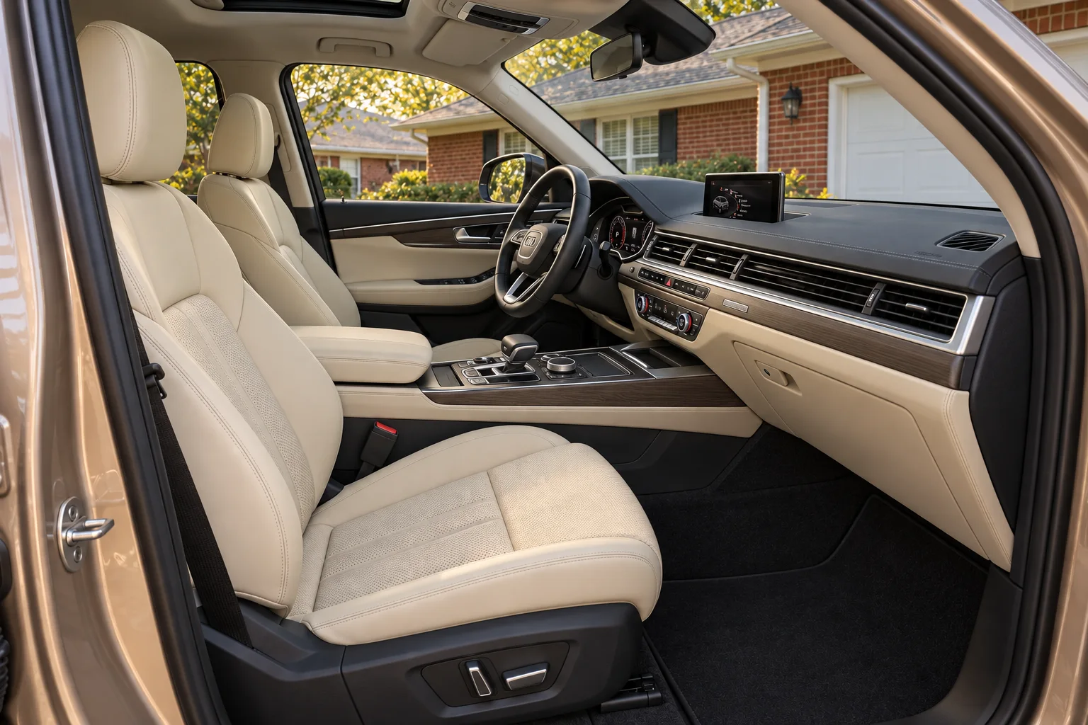 Cream-leather front interior of the champagne-bronze SUV