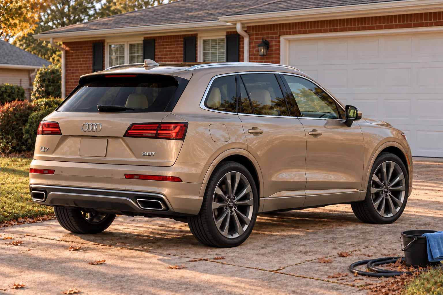 Rear exterior of the same champagne-bronze luxury SUV