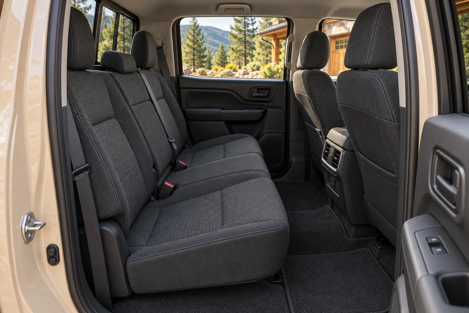 Charcoal cloth rear seating in the sandstone crew cab