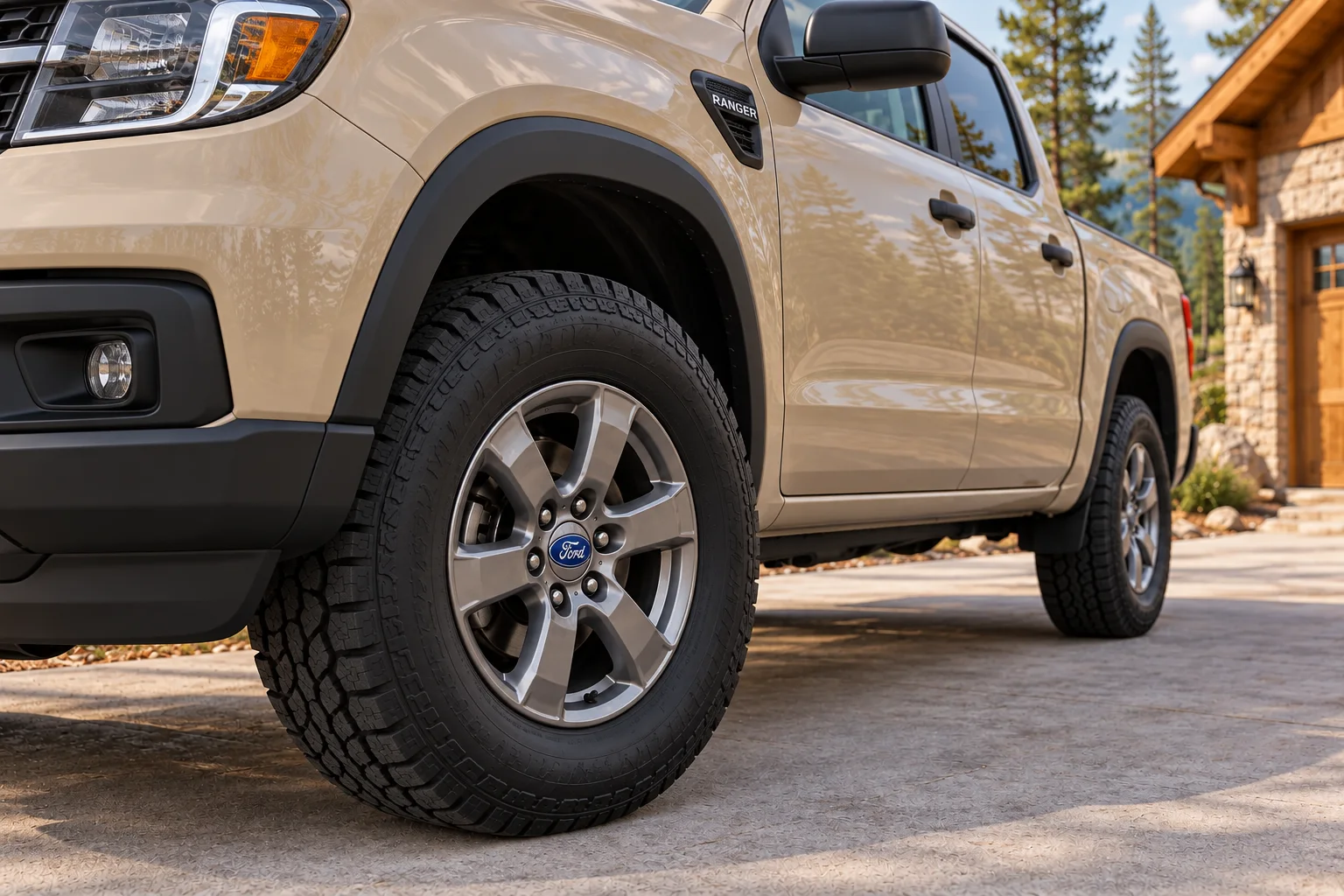 Close-up of a dark silver wheel and sandstone pickup bodywork