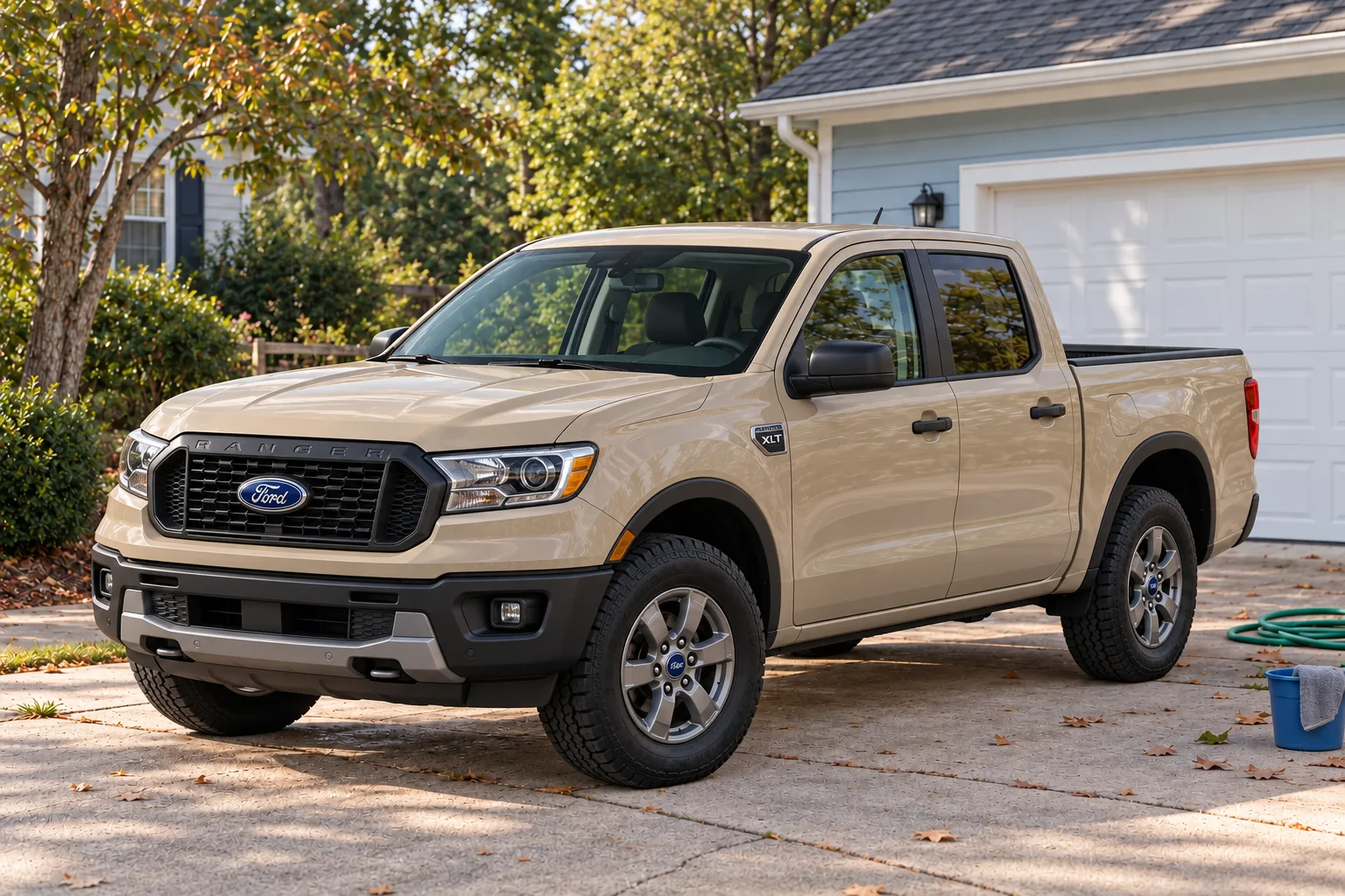 Sandstone midsize crew-cab pickup on an everyday home driveway