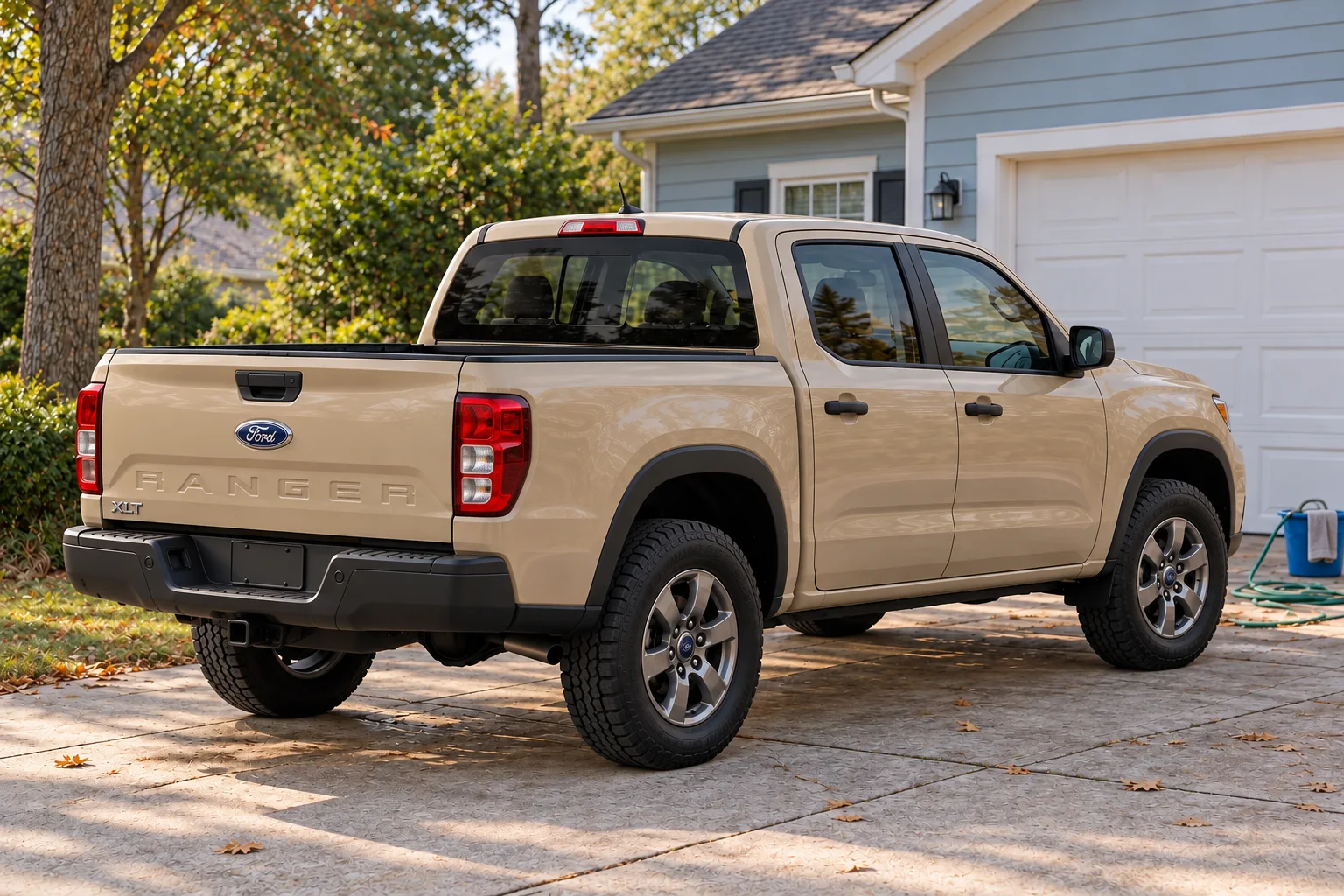 Rear exterior of the same sandstone midsize pickup
