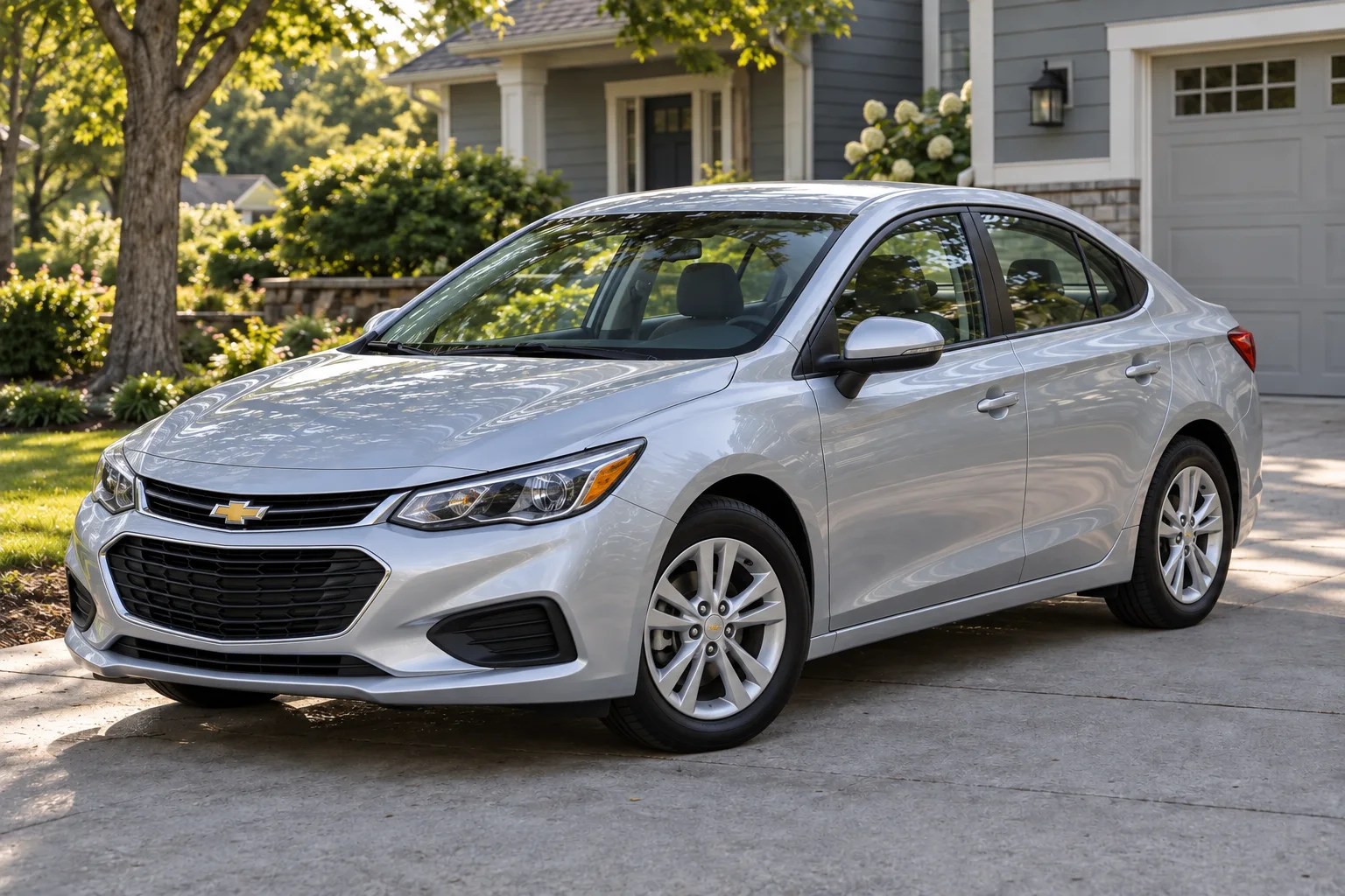 Silver everyday four-door sedan in a leafy suburban driveway
