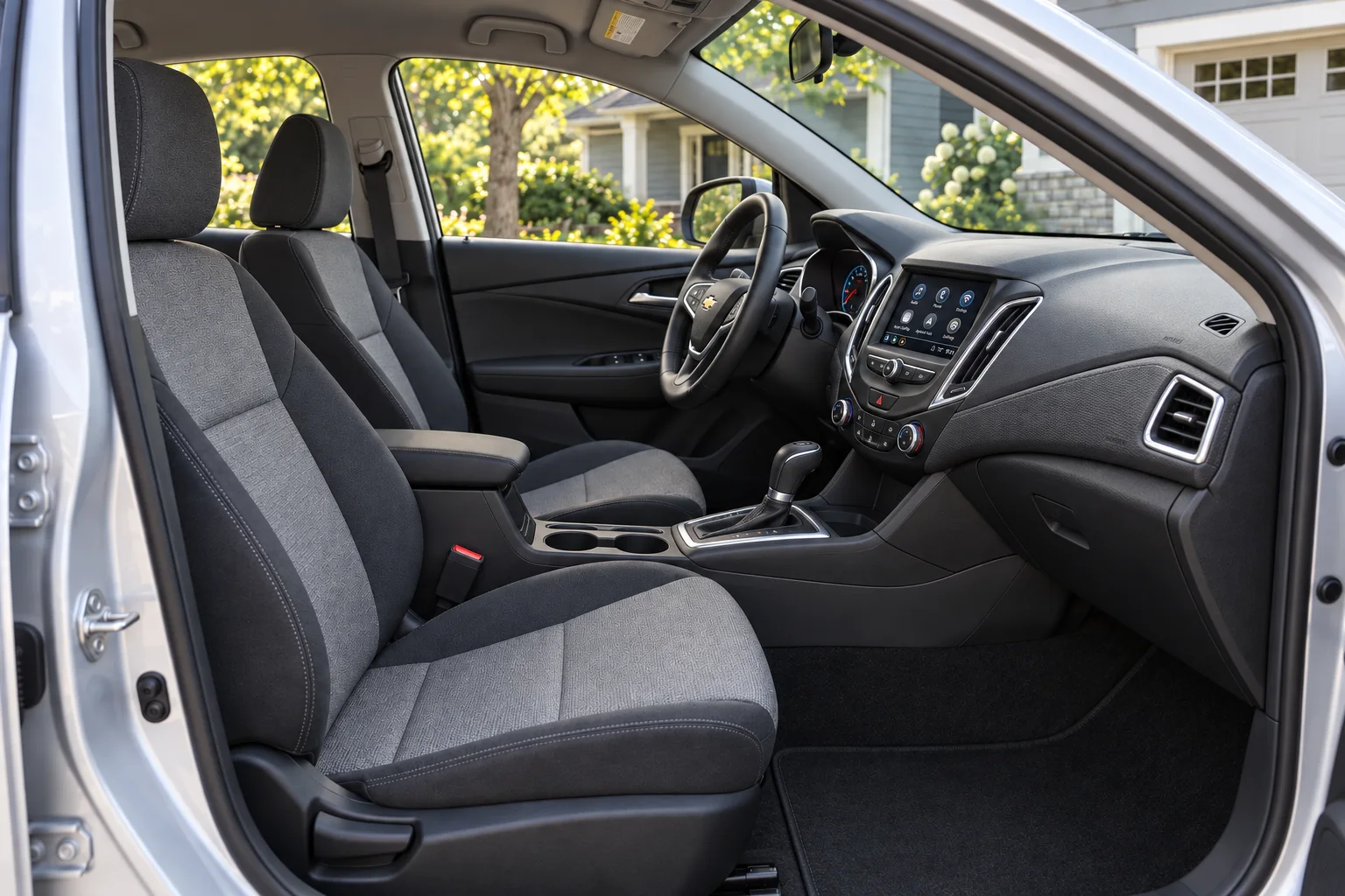 Gray cloth interior of the same silver four-door sedan