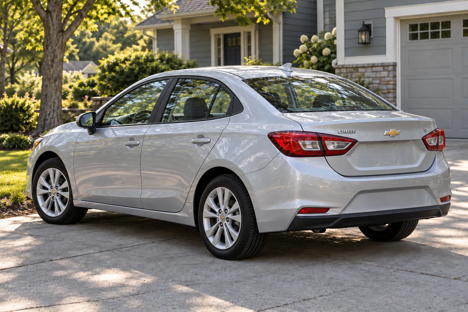 Rear three-quarter view of the silver sedan in its suburban driveway
