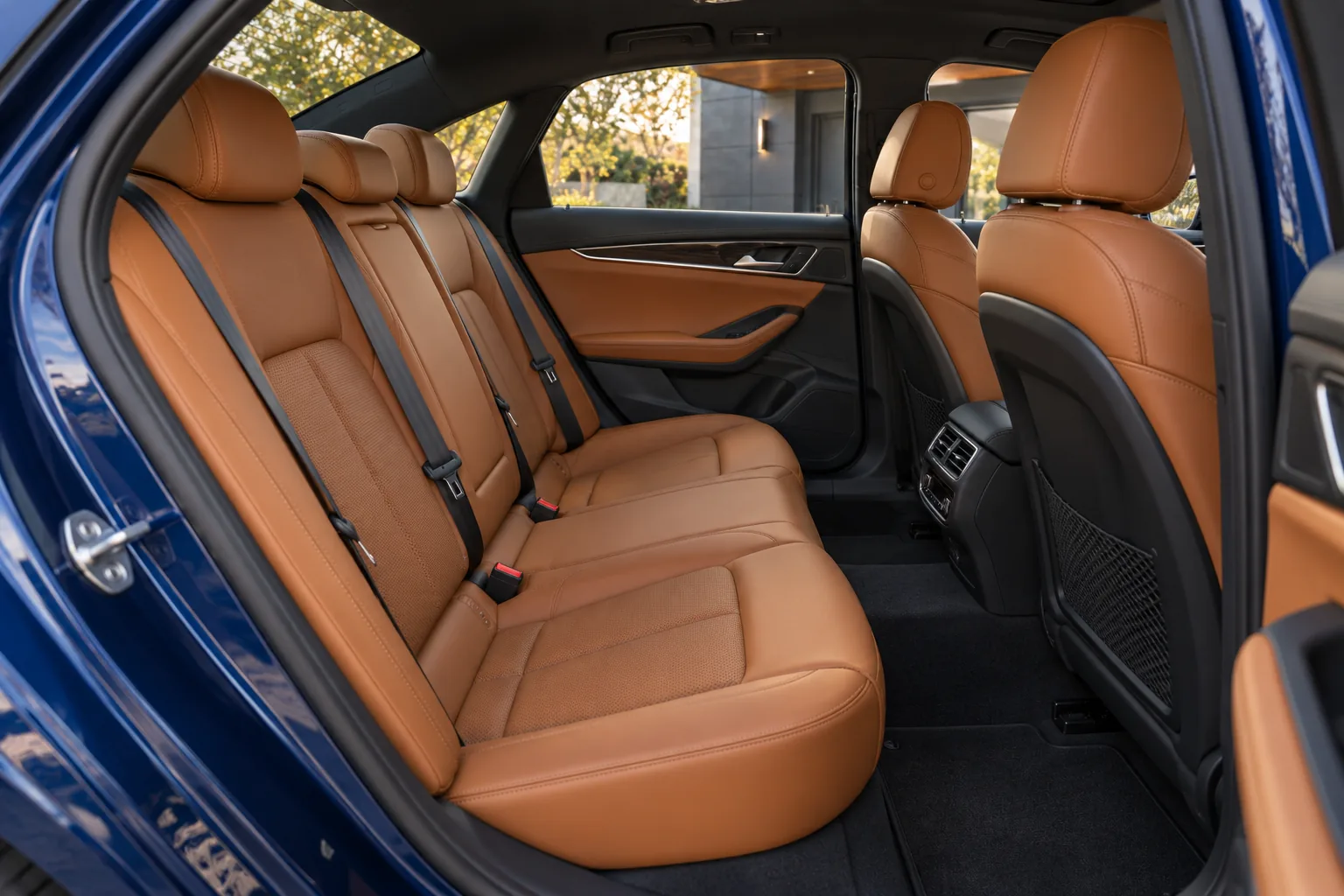 Saddle-brown leather rear seating in the sports sedan