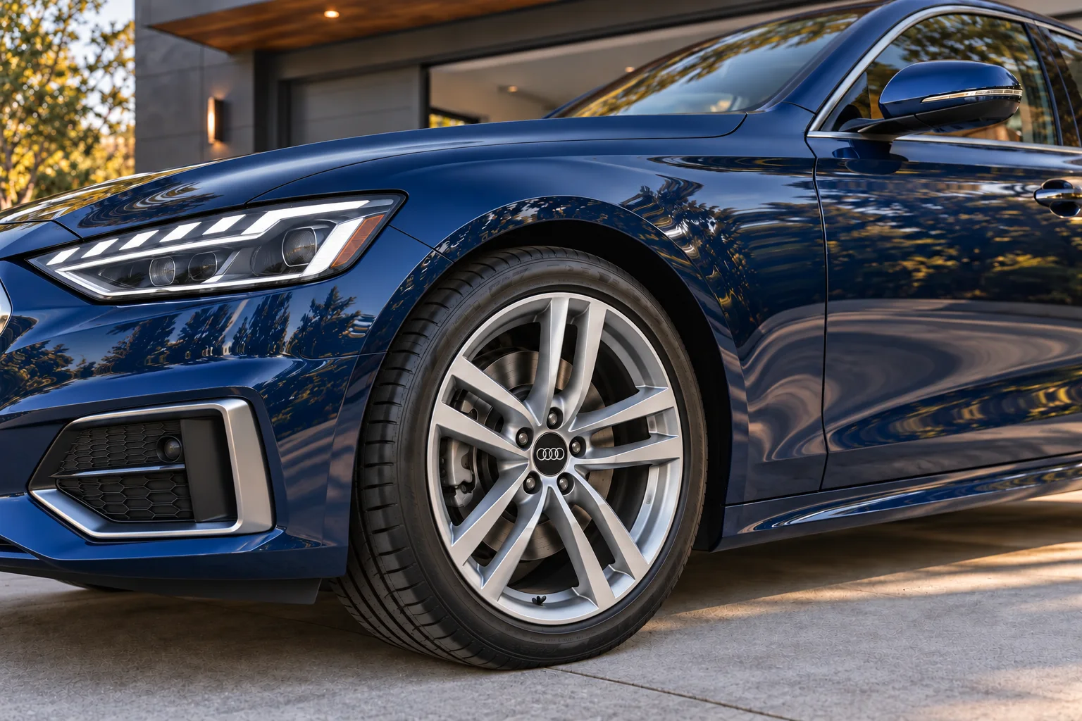 Close-up of a silver split-spoke wheel and deep blue sedan paint