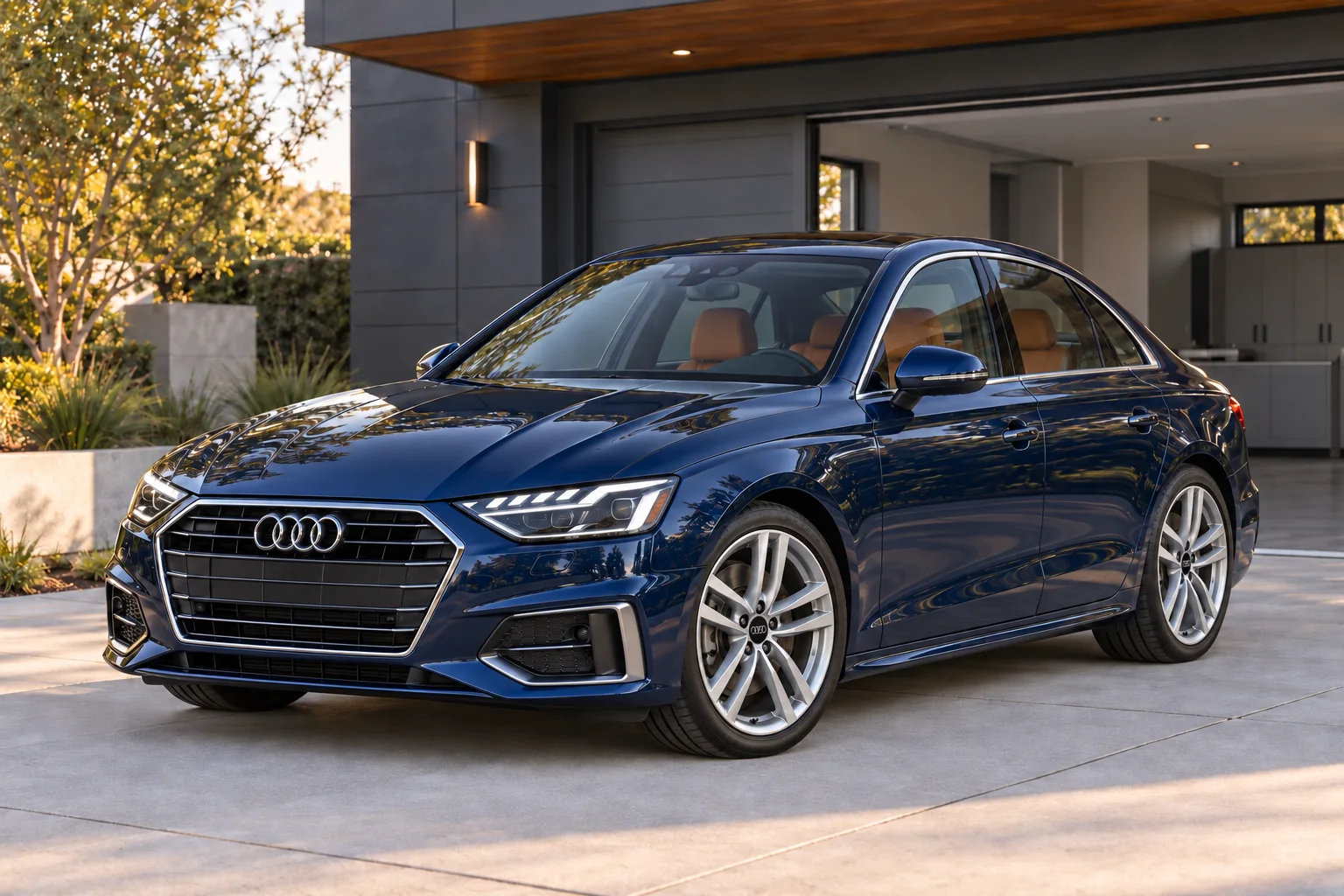 Deep blue luxury sports sedan at a modern residential garage