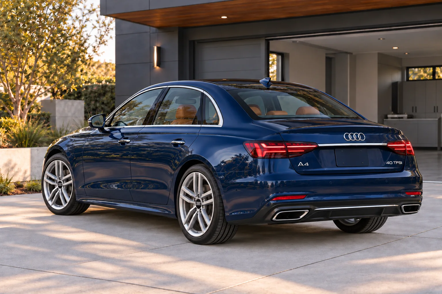 Rear exterior of the same deep blue luxury sports sedan