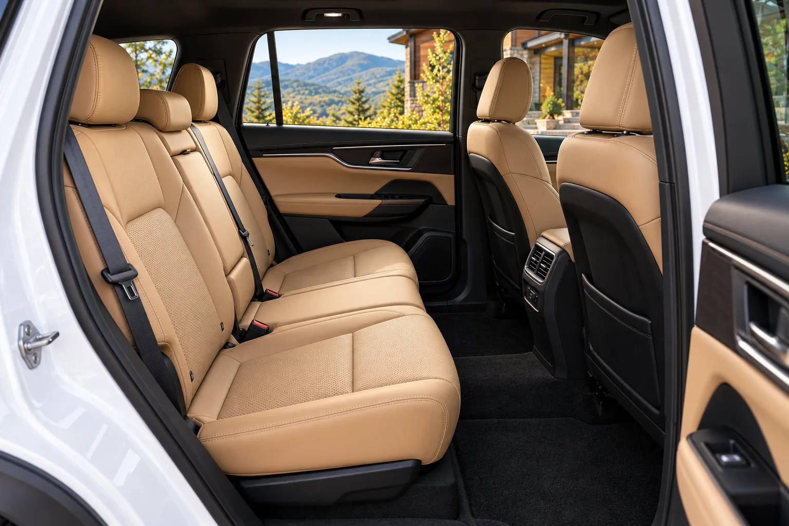 Tan rear-seat cabin of the pearl-white family SUV