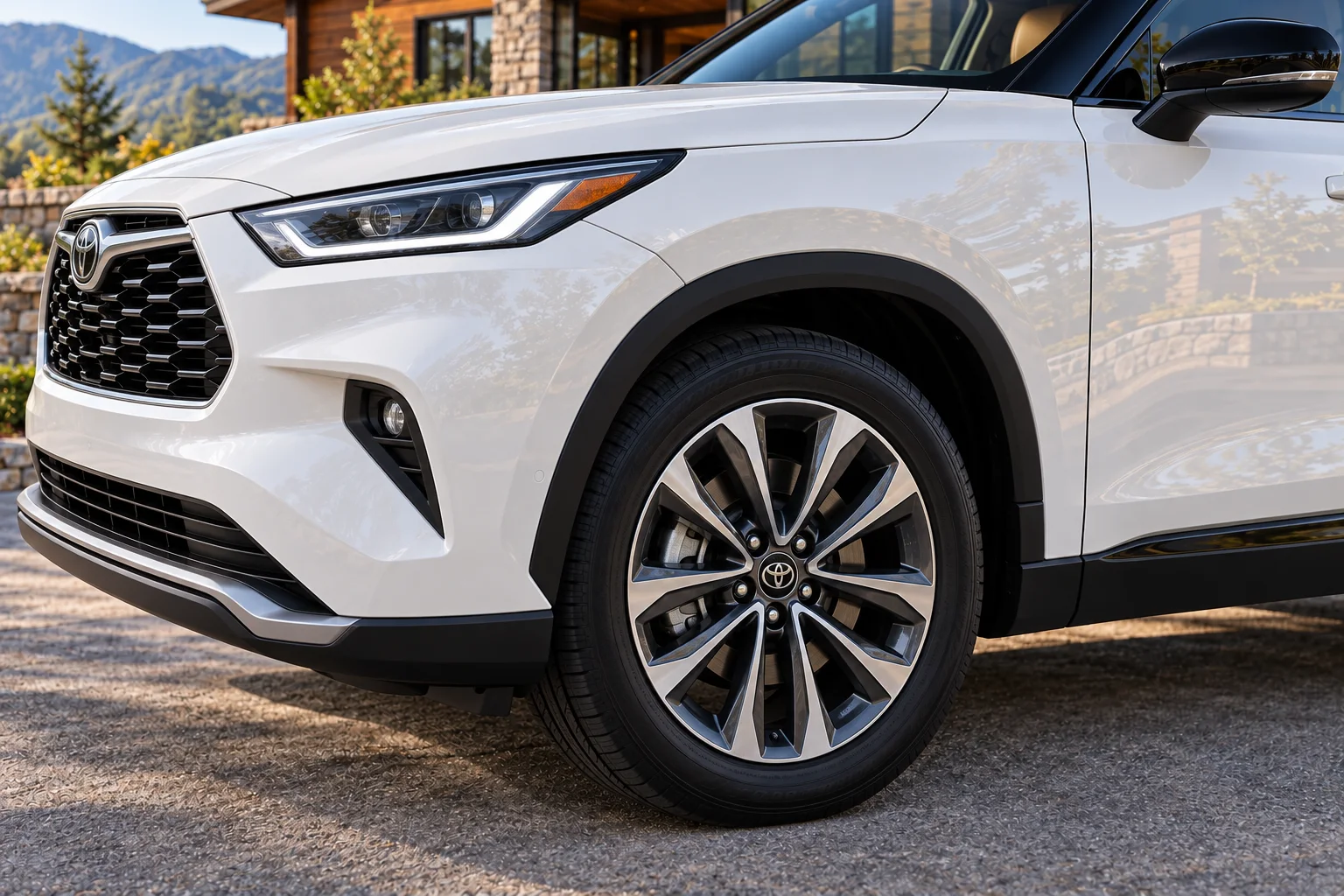 Close-up of the same SUV’s wheel and pearl-white bodywork