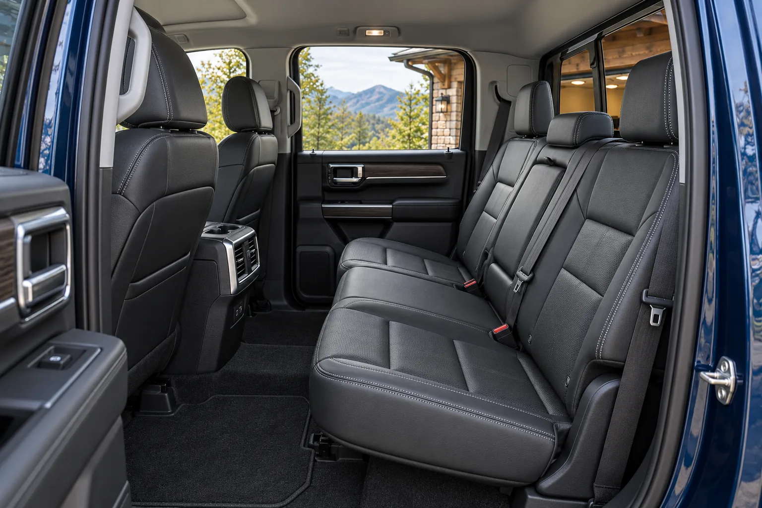 Charcoal rear-seat bench inside the midnight-blue crew-cab pickup