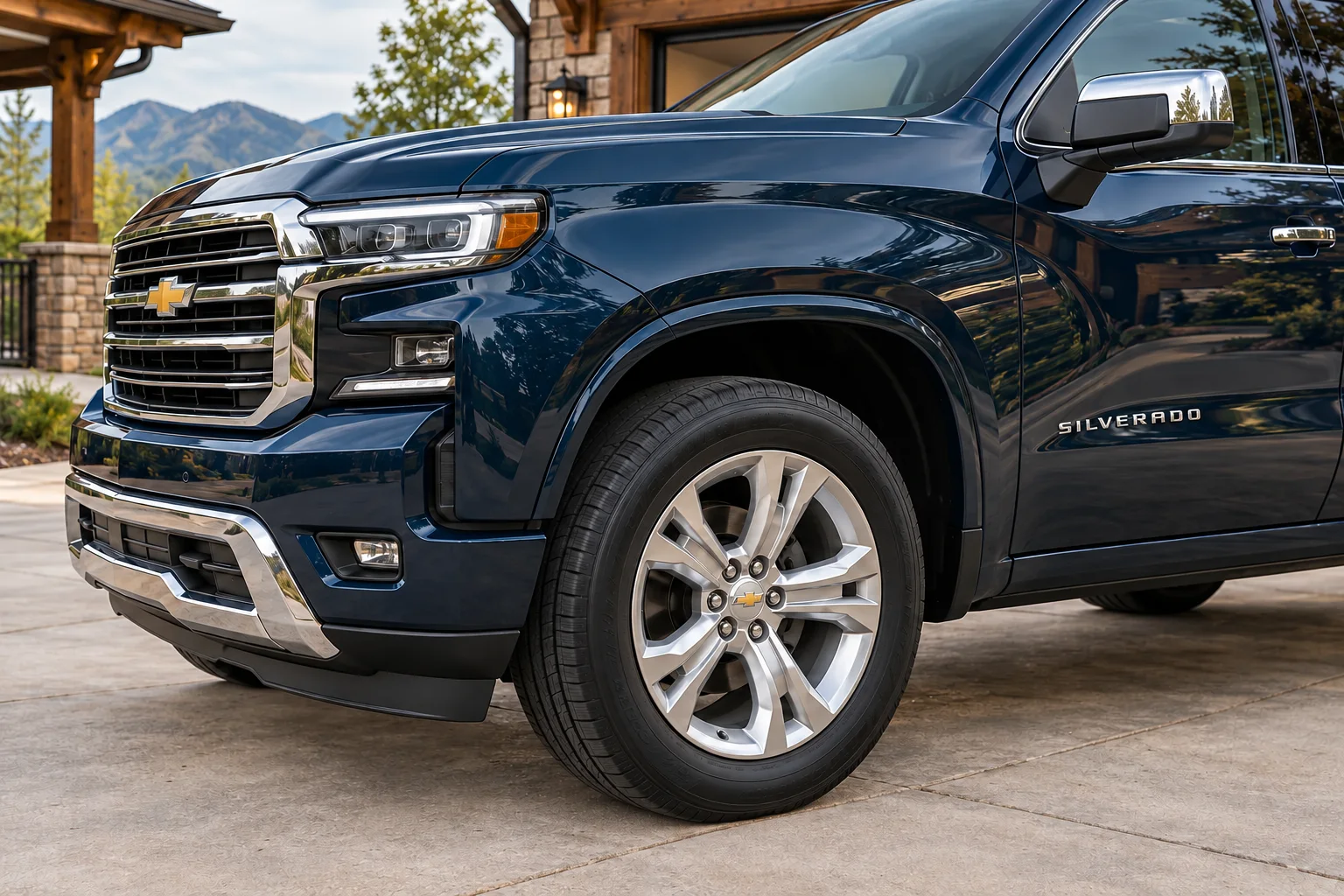 Close-up of a silver wheel and midnight-blue pickup bodywork
