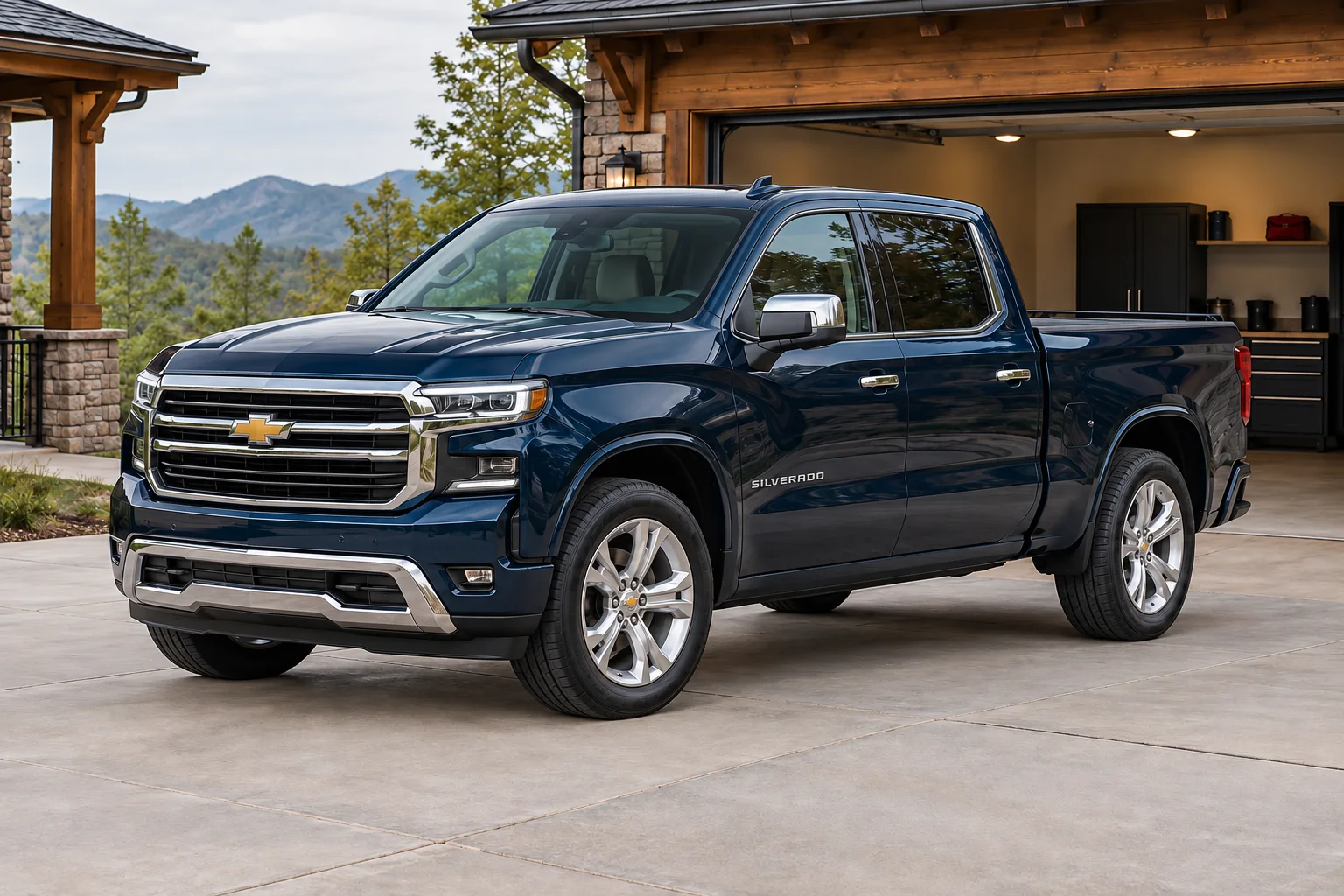 Pristine midnight-blue pickup at a residential garage