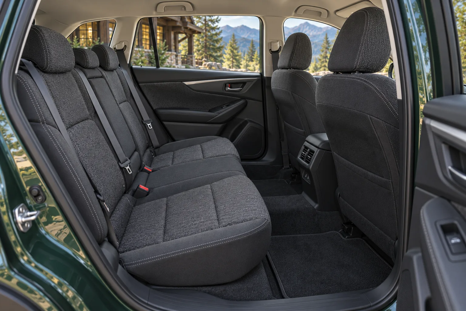 Charcoal cloth rear-seat cabin in the forest-green wagon