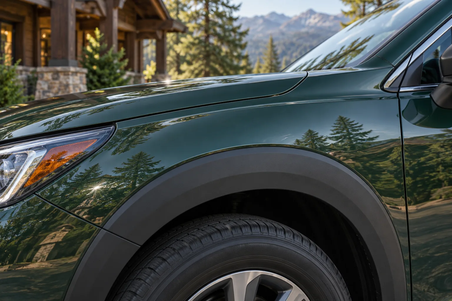 Close-up of the wagon’s wheel, dark cladding and forest-green paint