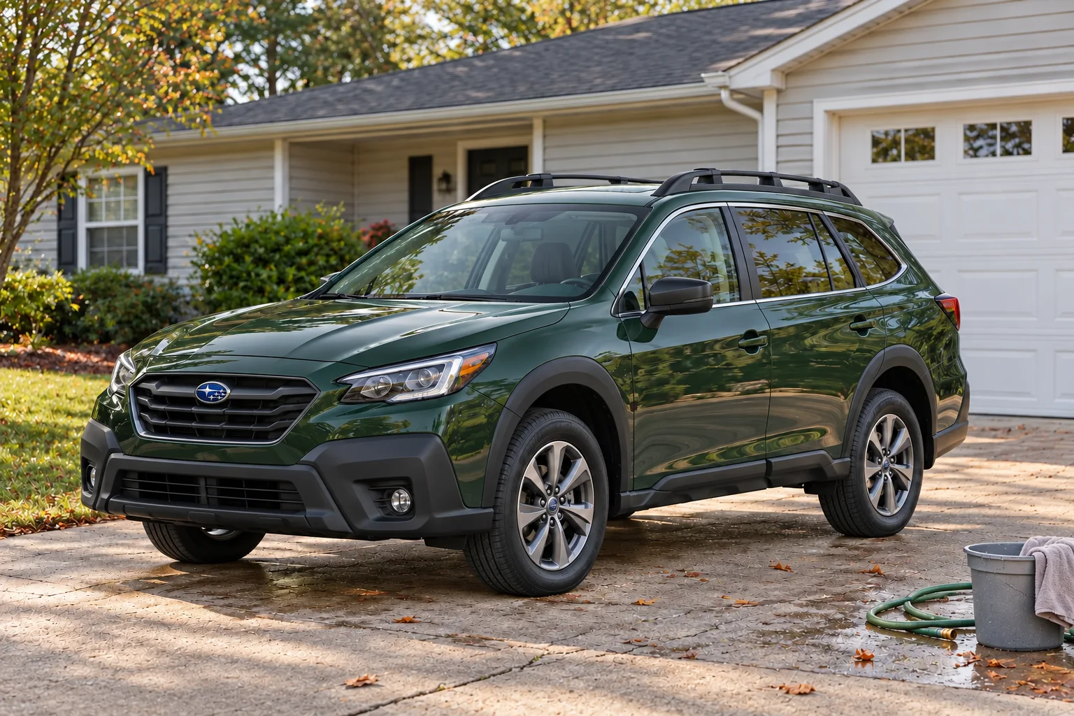 Forest-green raised all-road wagon with roof rails at a modest ranch-home driveway