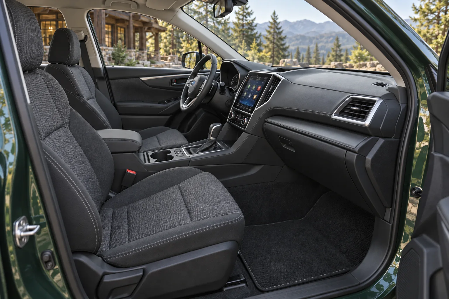 Charcoal cloth front interior of the forest-green wagon