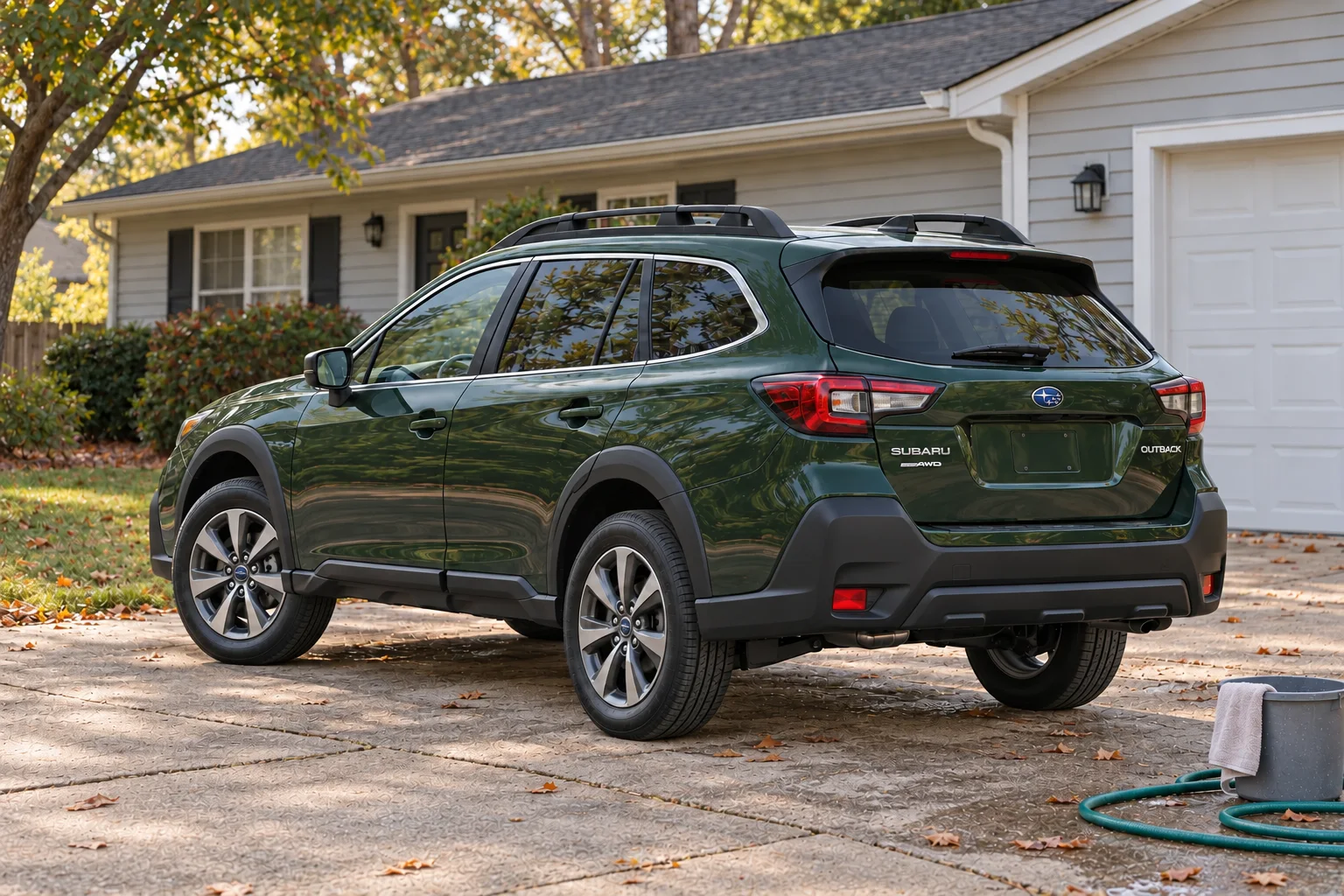 Rear exterior of the same forest-green all-road wagon
